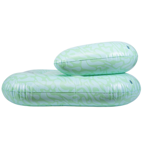 Side view of the inflatable Lay-Z Lounge float in light green with an abstract pattern and a built-in backrest.