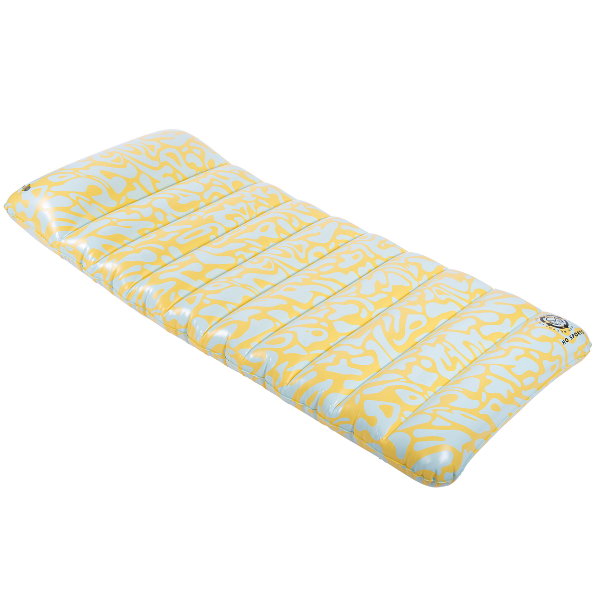Angled view of the Lounge Mat, an inflatable float with a yellow and white abstract pattern and a cushioned design.