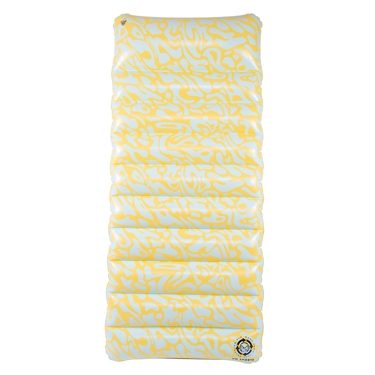 Top view of the Lounge Mat, featuring a yellow and white abstract pattern with a quilted inflatable surface.