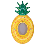 Front view of the Pineapple Float, an inflatable yellow tube with a smiling face and a green leaf top.