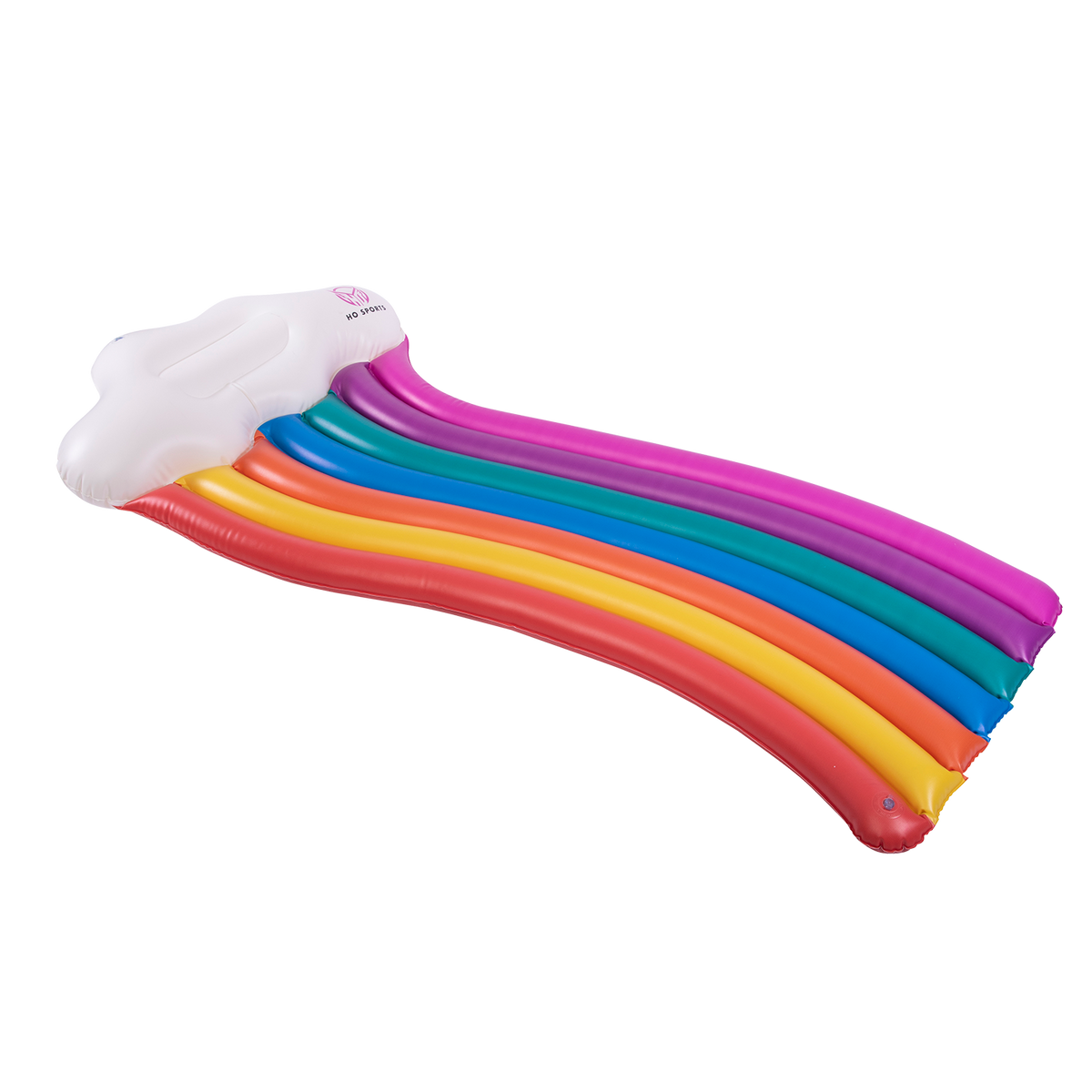 Angled view of Rainbow Float featuring a white cloud headrest with a multicolor inflatable rainbow body.