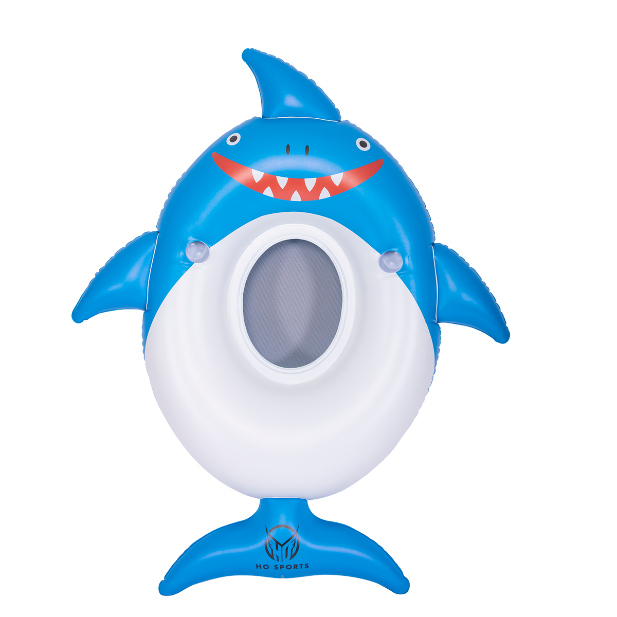 Front view of the blue and white Shark Float, featuring a smiling shark face, side fins, a tail, and a mesh center seat.