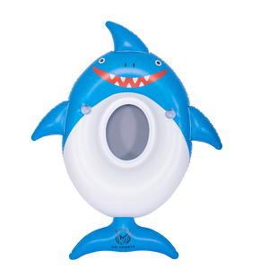 Front view of the blue and white Shark Float, featuring a smiling shark face, side fins, a tail, and a mesh center seat.