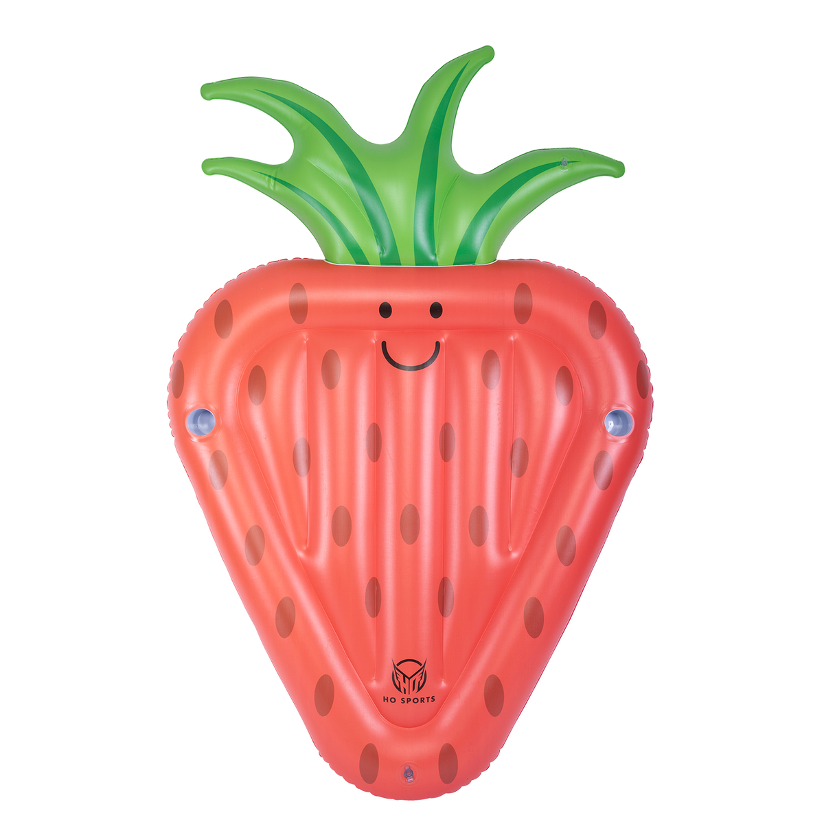 Top view of the red Strawberry Float with a smiling face, brown seeds, and green leafy top.