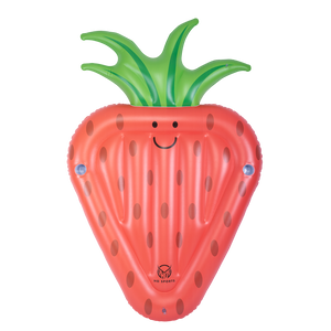 Top view of the red Strawberry Float with a smiling face, brown seeds, and green leafy top.