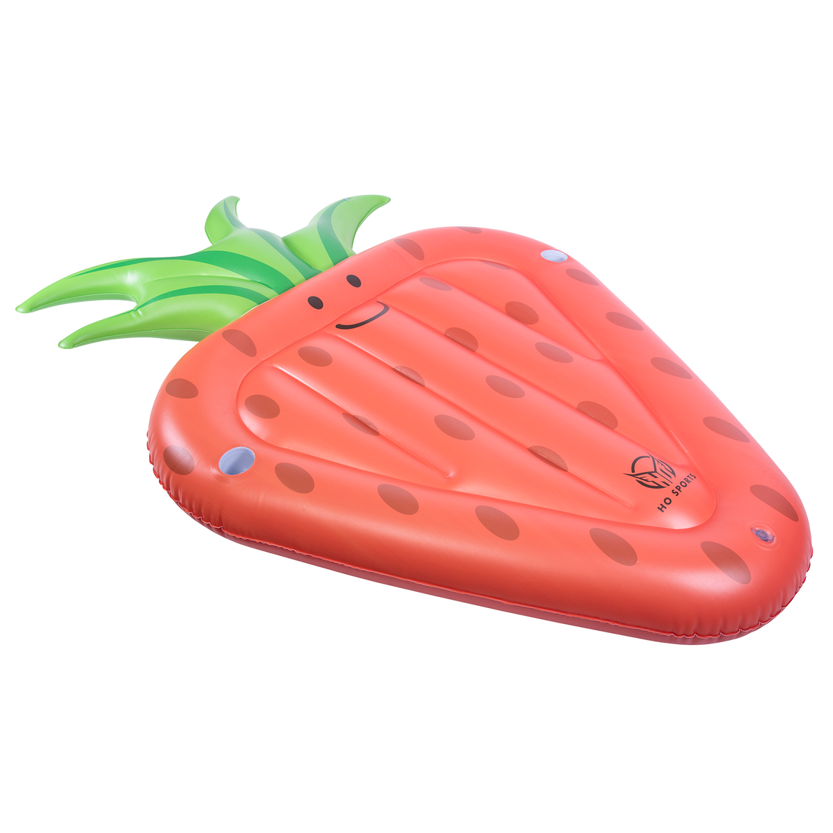 Angled view of the Strawberry Float lying flat, showcasing its inflatable shape, printed seeds, and green leafy top.