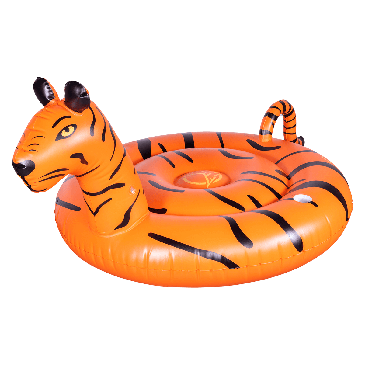 Angled view of the Tiger Float, an orange inflatable float with black tiger stripes, a raised tiger head, and a curled tail.