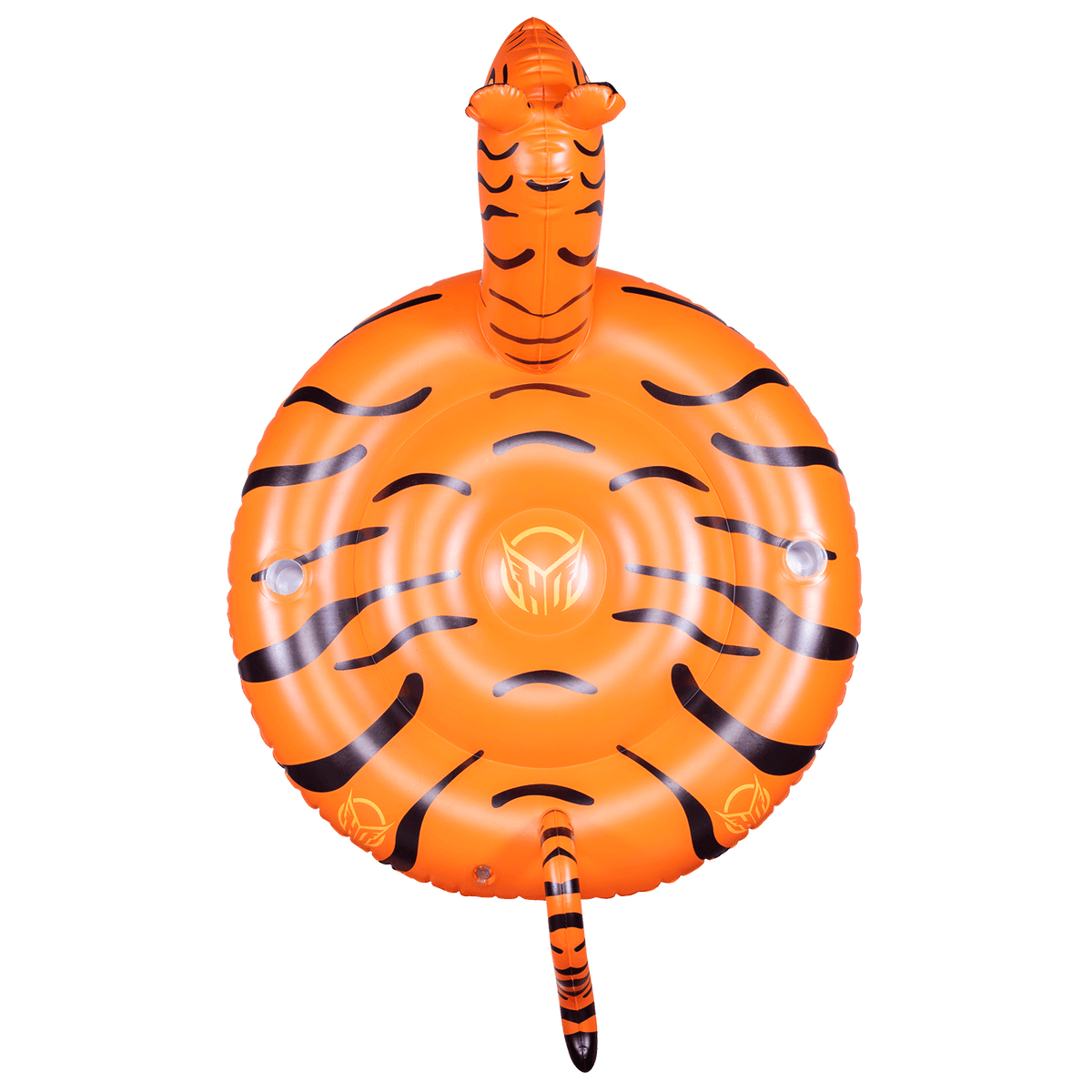 Top view of the Tiger Float, an orange inflatable float with black tiger stripes, a raised tiger head, and a curled tail.