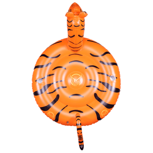Top view of the Tiger Float, an orange inflatable float with black tiger stripes, a raised tiger head, and a curled tail.