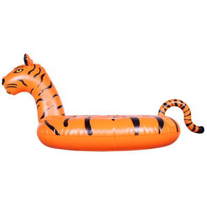 Side view of the Tiger Float, an orange inflatable tiger-shaped float with black stripes, raised head, and curved tail.