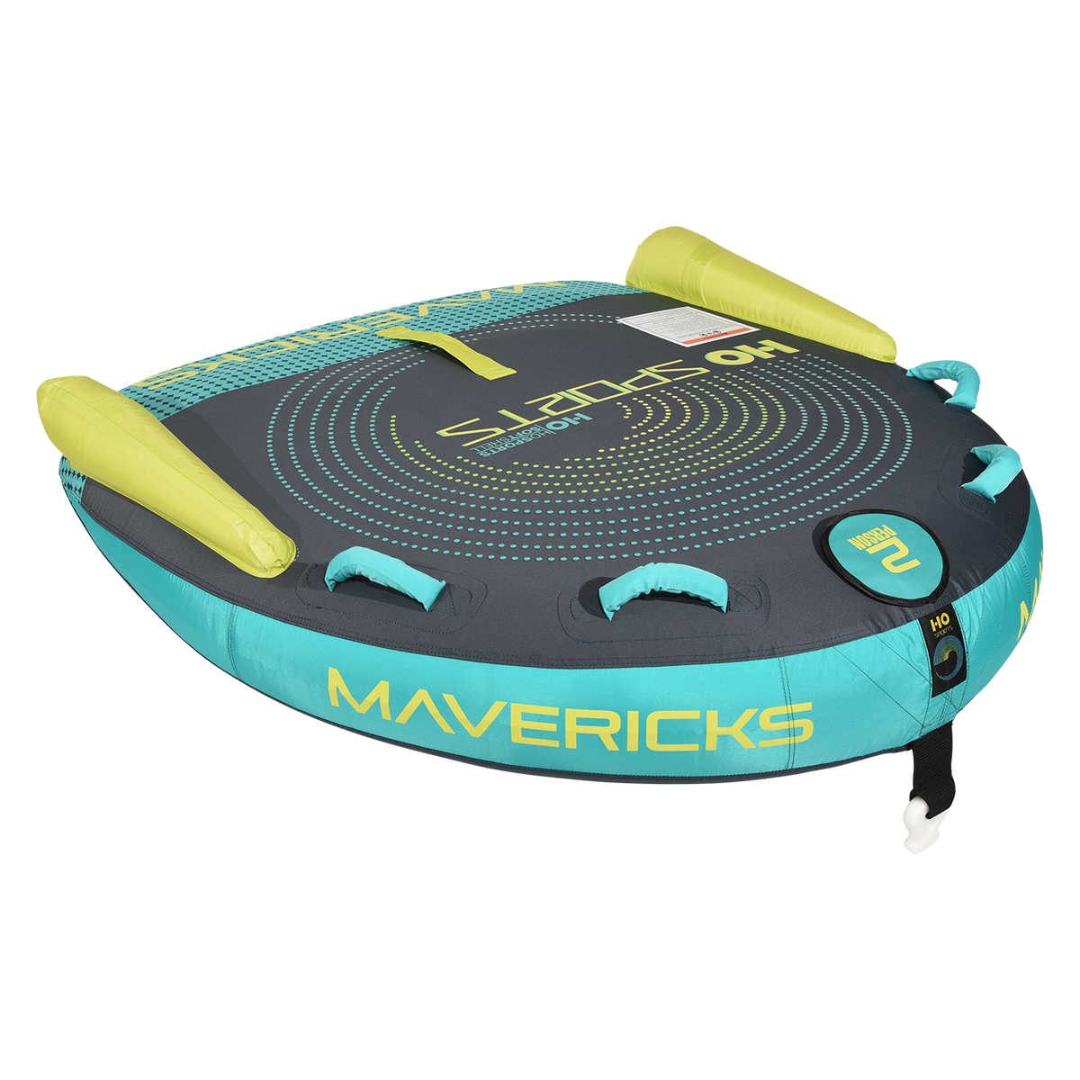 Angled view of the Mavericks 2 Tube in gray, teal, and lime with concentric dot graphics and foam handles.