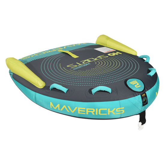 Angled view of the Mavericks 2 Tube in gray, teal, and lime with concentric dot graphics and foam handles.