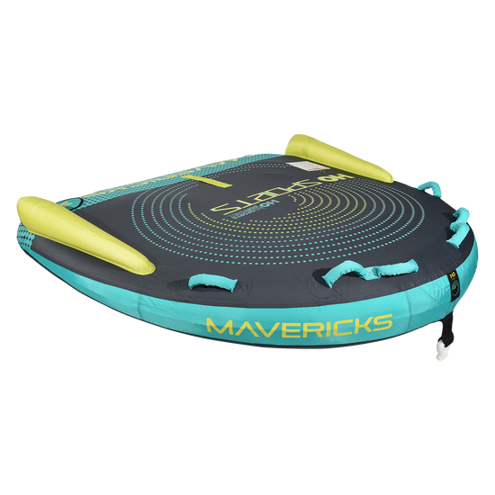 Angled view of the Mavericks 3 Tube in gray, teal, and lime with concentric dot graphics and foam handles.