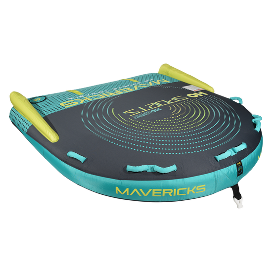 Angled view of the Mavericks 4 Tube in gray, teal, and lime with concentric dot graphics and foam handles.