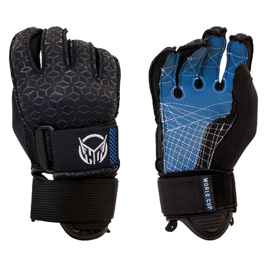 Front and back views of a pair of black World Cup Inside Out water ski gloves with blue palms.