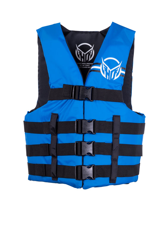 Front view of the Men's Universal HRM life vest, blue with black side panels, four buckles, and HO logo.