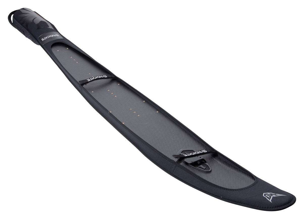 Angled view of the NEO Ski Sleeve, black neoprene ski cover with cutouts and a white Syndicate logo.