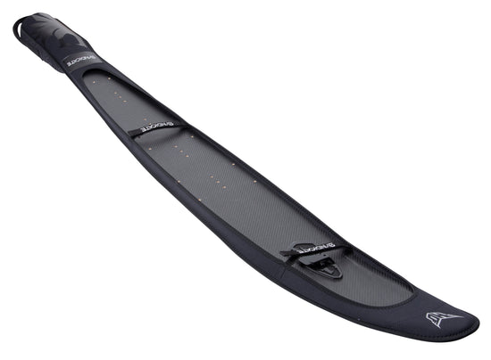Angled view of the NEO Ski Sleeve, black neoprene ski cover with cutouts and a white Syndicate logo.
