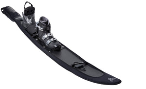 Angled view of the NEO Ski Sleeve fitted on a slalom ski with boot and binding, black with cutouts.