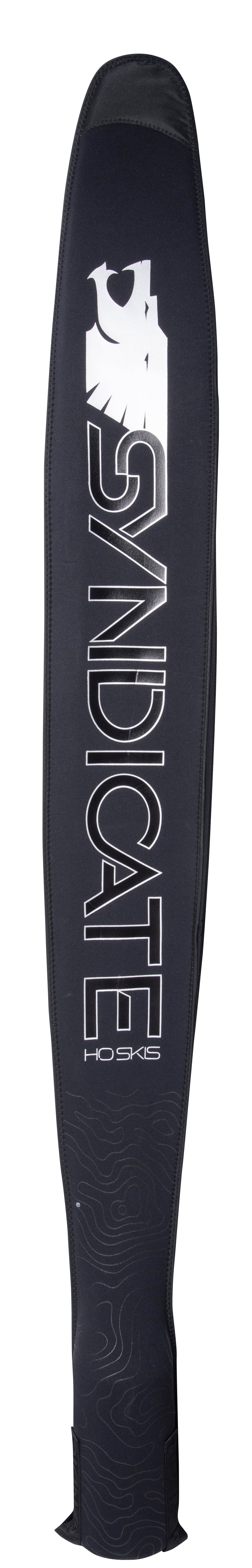 Front view of the NEO Ski Sleeve, black neoprene cover with a large white Syndicate and HO Skis logo.