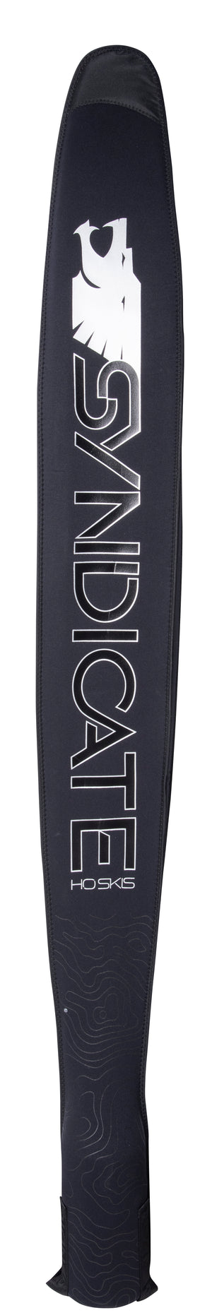 Front view of the NEO Ski Sleeve, black neoprene cover with a large white Syndicate and HO Skis logo.
