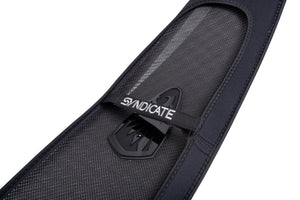 Close-up of the NEO Ski Sleeve's fin cutout and black Syndicate strap over the ski base.