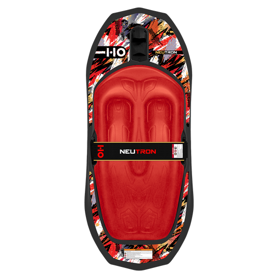 Top view of the Neutron kneeboard with Powerlock strap, red molded deck and a red paint-splatter graphic rail.