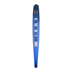 Base view of OMNI waterski in blue with black accents, bold "OMNI" text, a geometric pattern, and a logo near the tip.