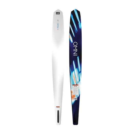 Top and base views of an Omni slalom water ski with a white top and blue light-streak base.
