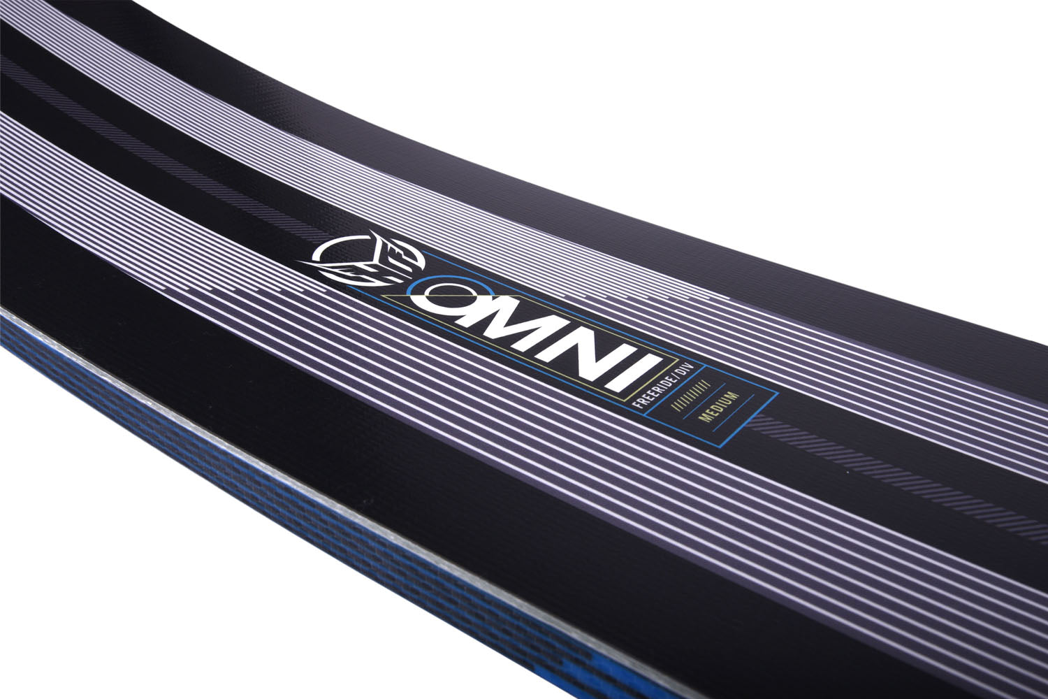 Close-up of a black and blue waterski with 'OMNI' HO Sports logo that also shows 'freeride/ DIV' on a white background