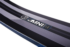 Close-up of a black and blue waterski with 'OMNI' HO Sports logo that also shows 'freeride/ DIV' on a white background