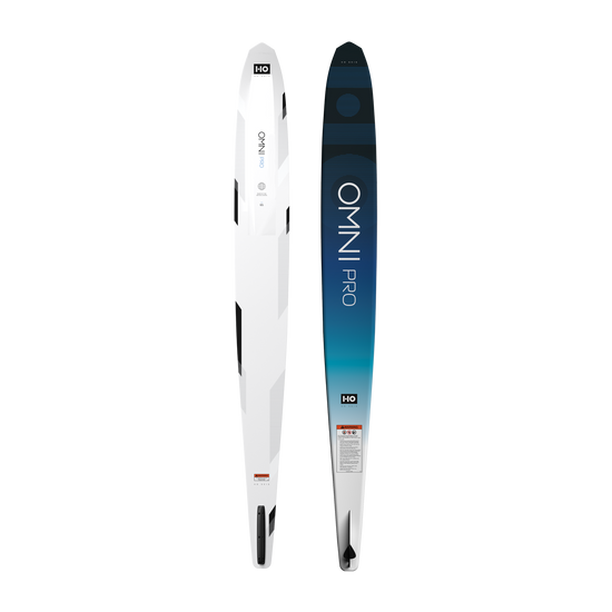 Top and base views of a white and blue Omni Pro slalom water ski with dark accents.