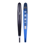 Side-by-side view of OMNI waterski showing both the top and base, featuring a sleek blue base design and a black top.