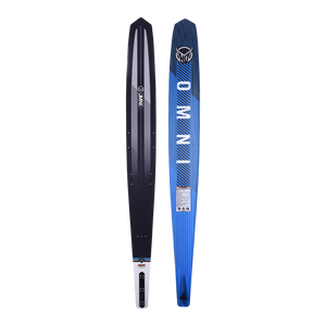 Side-by-side view of OMNI waterski showing both the top and base, featuring a sleek blue base design and a black top.