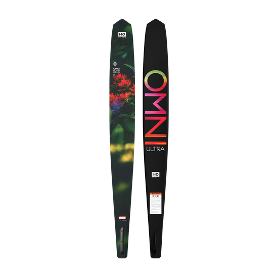 Top and base views of an Omni Ultra slalom water ski with floral jungle and black graphics.