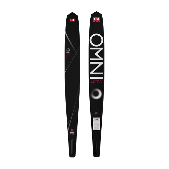 Top and base views of a black Omni Ultra Space slalom water ski with white and red graphics.