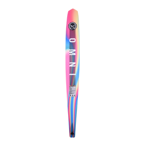 Base view of Womens OMNI ski with a vibrant pink and rainbow gradient, bold white "OMNI" text, and a black HO Sports logo.