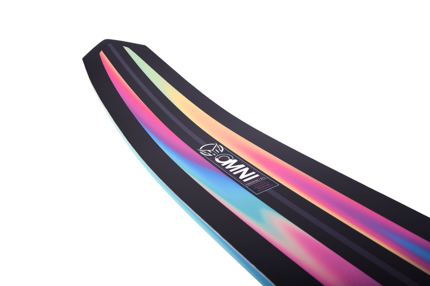 Top view of the tip of a waterski with 'OMNI' and HO Sports branding on a white background