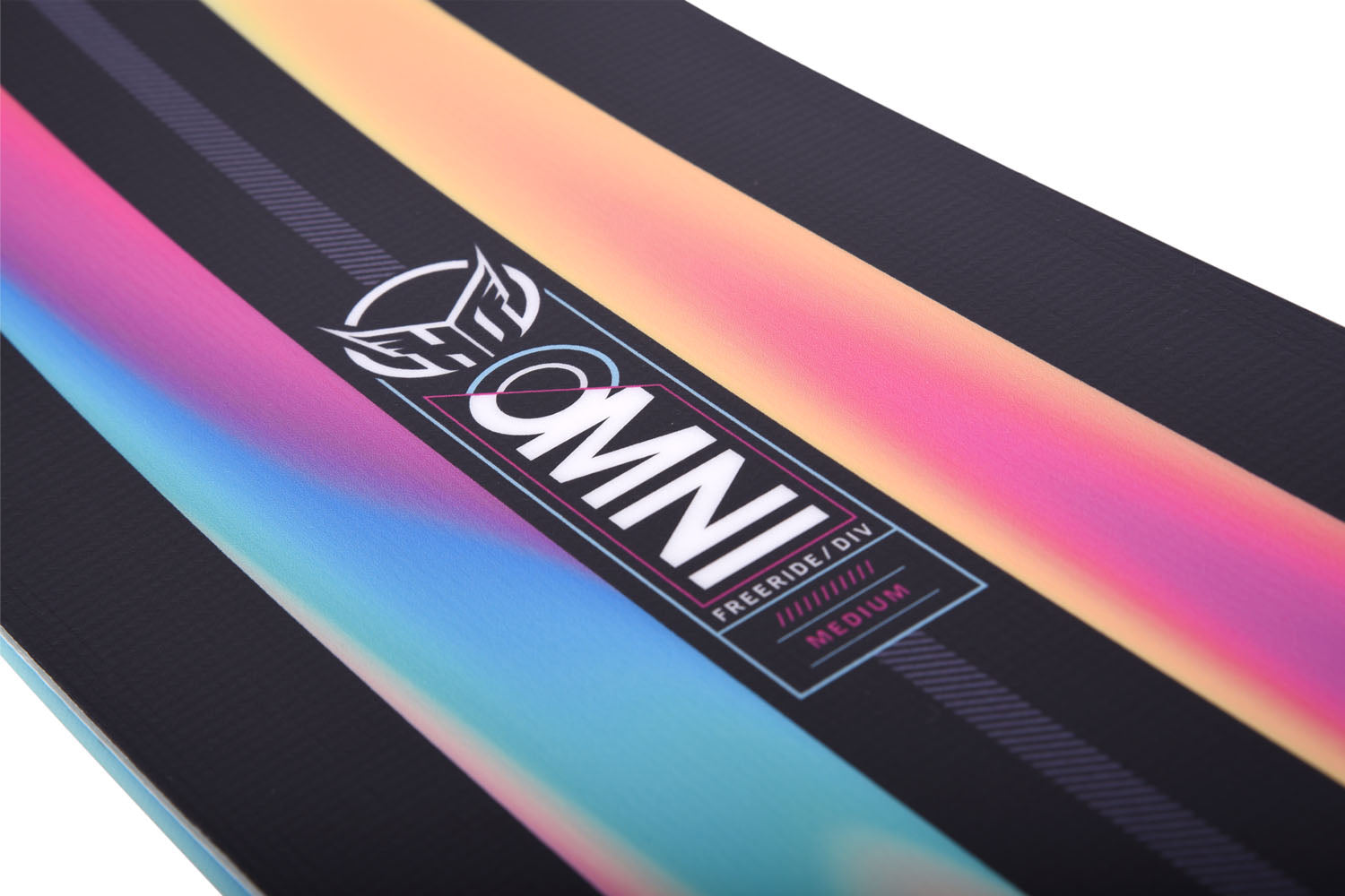 Gradient-colored water ski with a HO Sports logo and 'OMNI' branding also saying 'Freeride/ DIV' on a white background