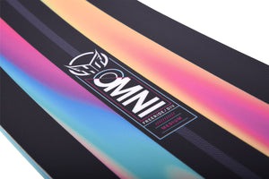 Gradient-colored water ski with a HO Sports logo and 'OMNI' branding also saying 'Freeride/ DIV' on a white background