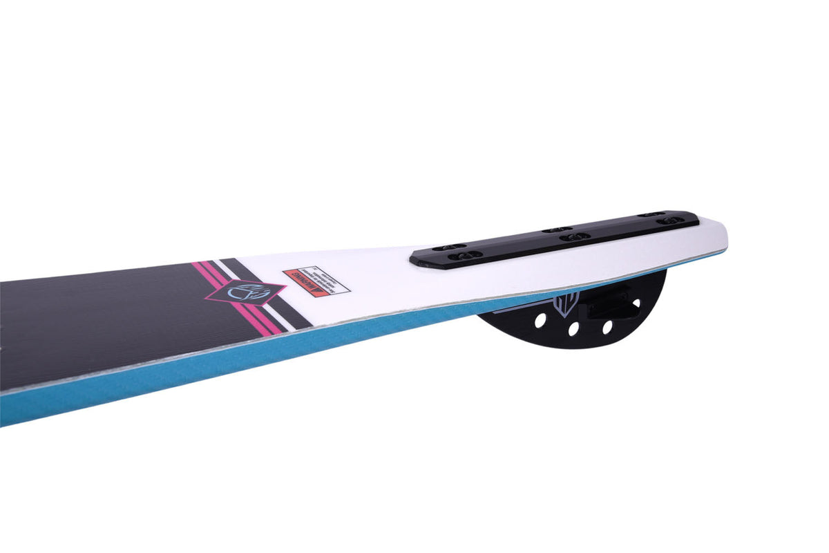 Side view of a blue, black, pink and white waterski with a black fin on a white background