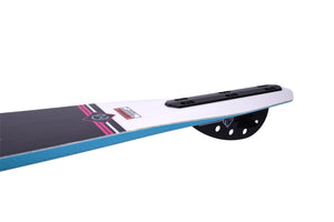 Side view of a blue, black, pink and white waterski with a black fin on a white background