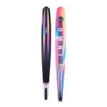 Side-by-side view of Womens OMNI ski showing black top with rainbow gradient stripes and base with bold "OMNI" text in white.