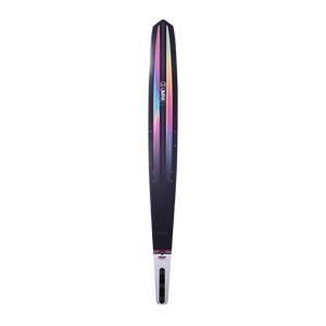 Top view of Womens OMNI ski with a black-to-rainbow gradient design and a centered OMNI logo.
