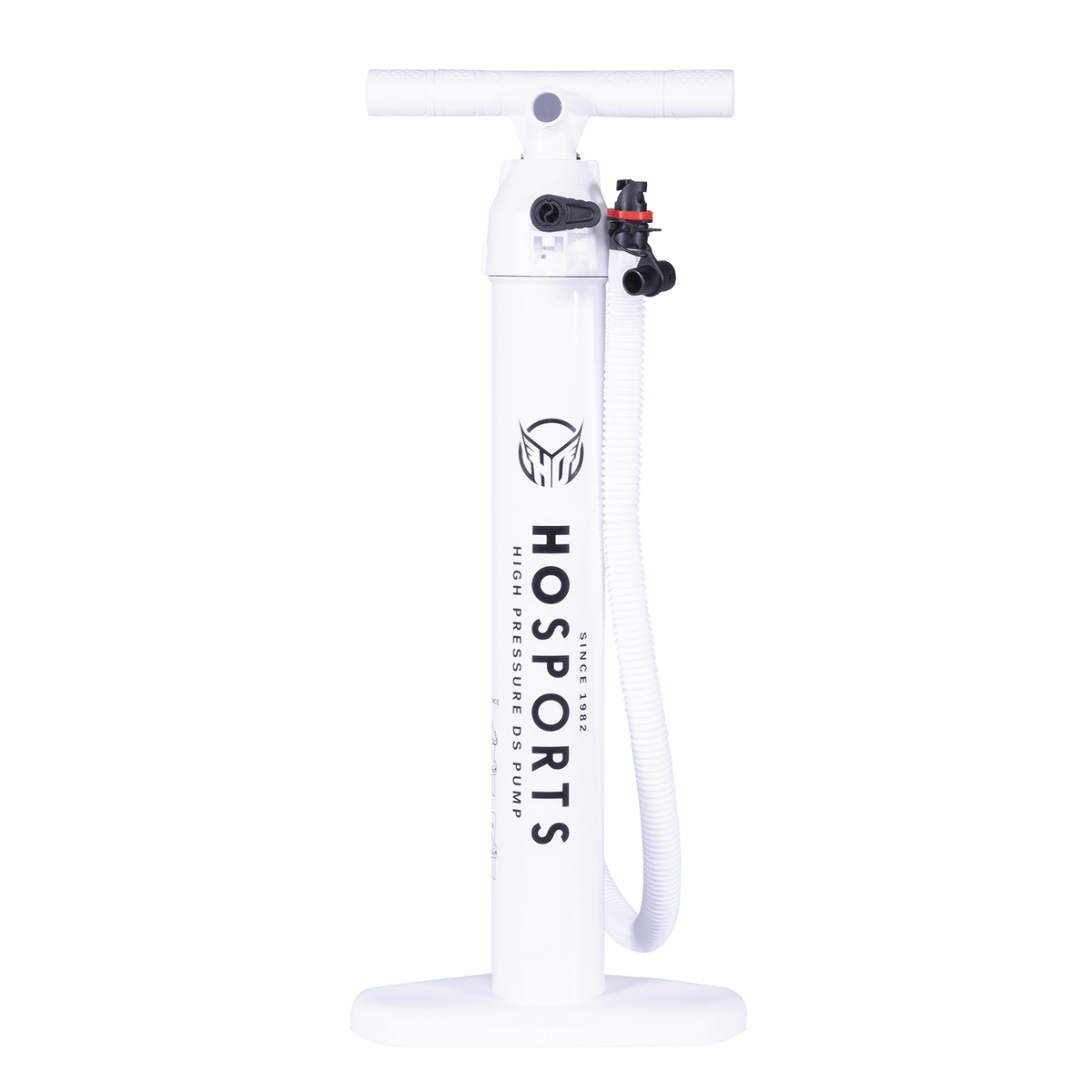 Front view of the Dual-Action Hand Pump in white with a T-handle, HO Sports logo, and coiled hose.