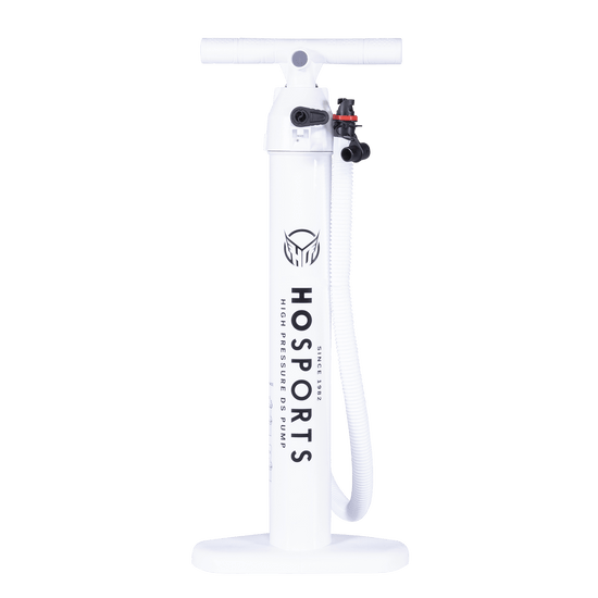Front view of the Dual-Action Hand Pump in white with a T-handle, HO Sports logo, and coiled hose.