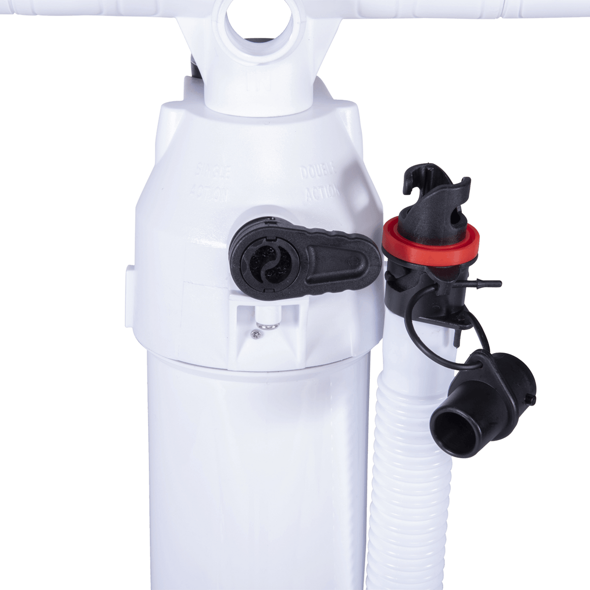 Detailed view of the pump's hose and valve attachments, secured with a red locking ring.