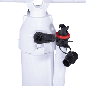 Detailed view of the pump's hose and valve attachments, secured with a red locking ring.