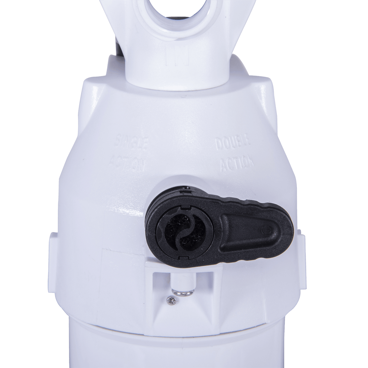 Close-up of the pump's black action switch with labeled single and double action settings.