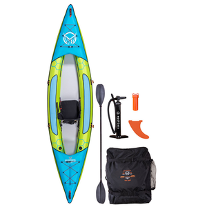 Top view of the Beacon Kayak with included accessories: a paddle, pump, orange fin, and black carrying bag.
